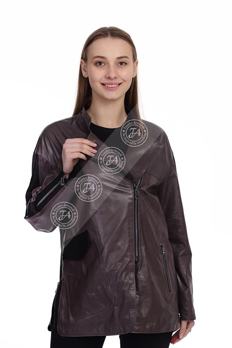 Bayan Gerçek Deri Klasik ceket Oversize Gri BO-1477-19760 FA2