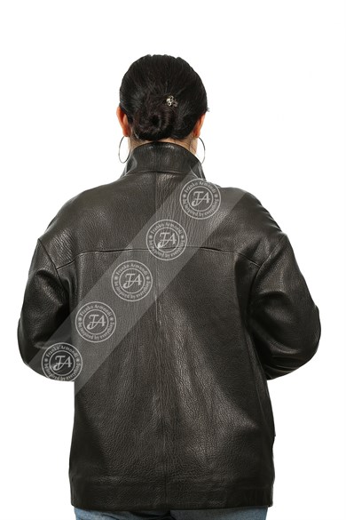 Bayan Gerçek Deri Klasik Ceket Oversize Siyah BO-1349-19410 FA2