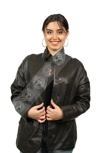 Bayan Gerçek Deri Klasik Ceket Oversize Siyah BO-1349-19410 FA2